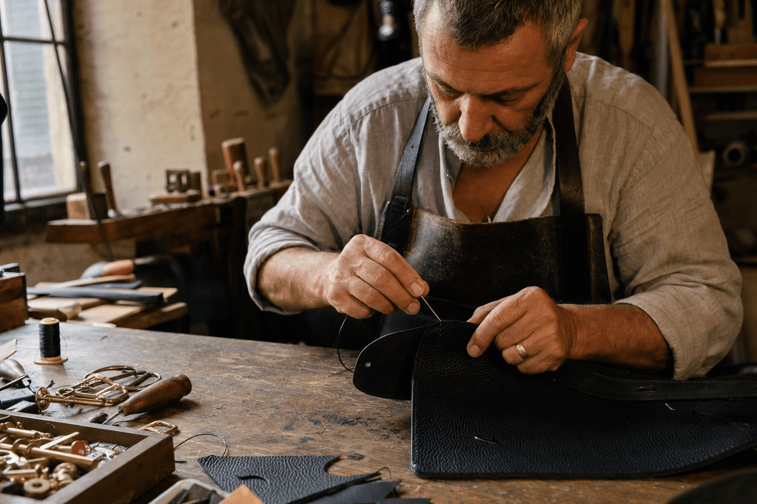 Italian artisan working black leather by hand